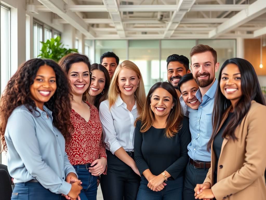 A diverse group of smiling professionals in a modern, bright office setting, collaborating. Represents a dynamic staffing agency.