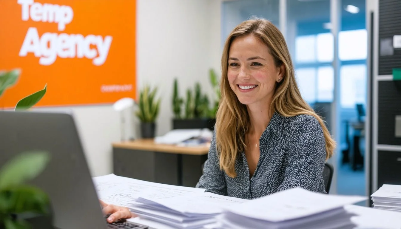 A woman in her late 20s smiles at her computer in an office surrounded by paperwork and a Temp Agency sign in the background.