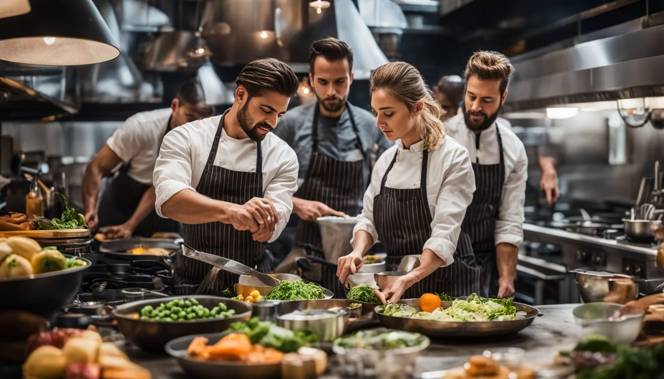 A diverse kitchen crew working together in a bustling atmosphere. A diverse kitchen crew working together in a bustling atmosphere.