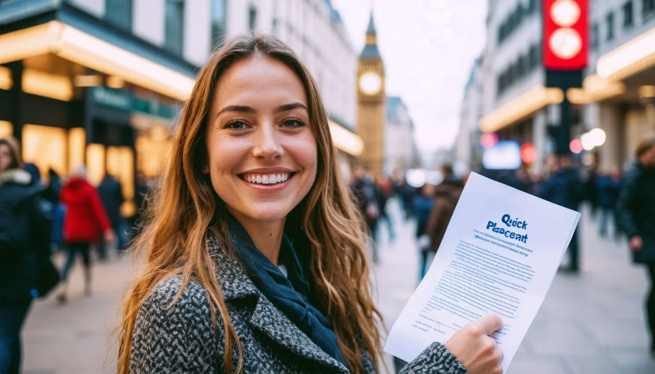 A woman in her mid-20s receiving a job offer from Quick Placement in London's financial district.