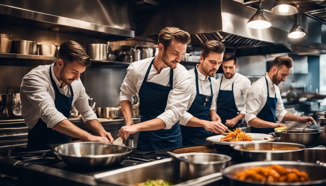 A busy kitchen environment with a team of kitchen porters at work.