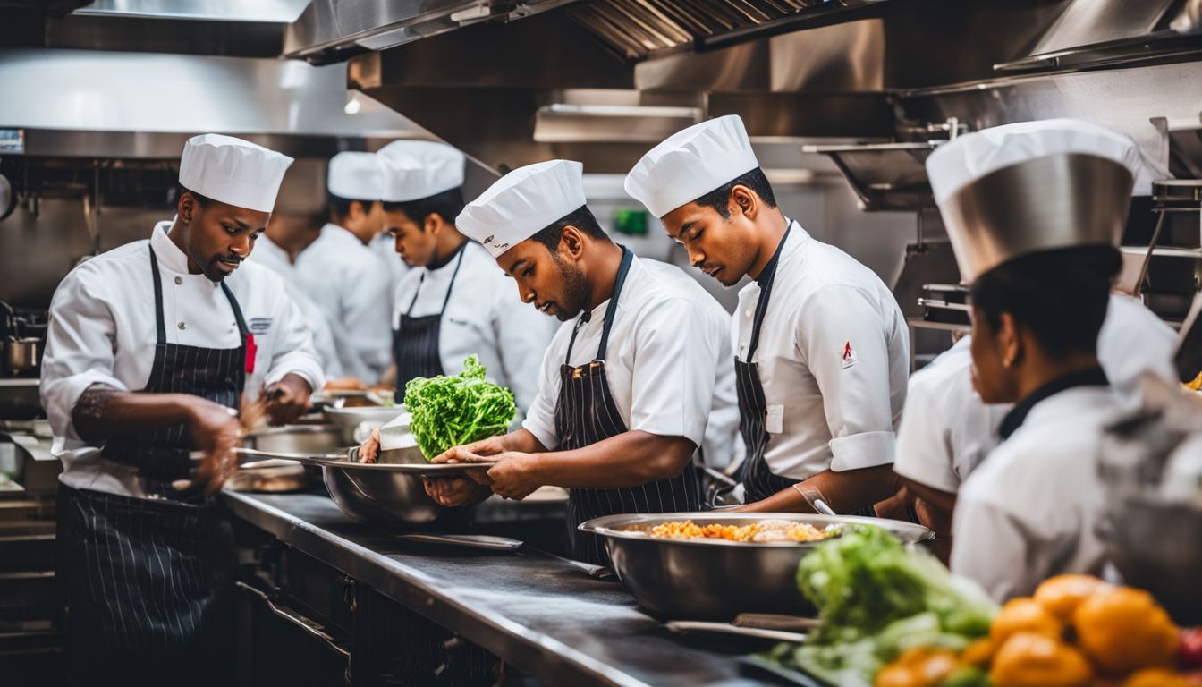 A dedicated team of kitchen porters working in a busy restaurant kitchen.