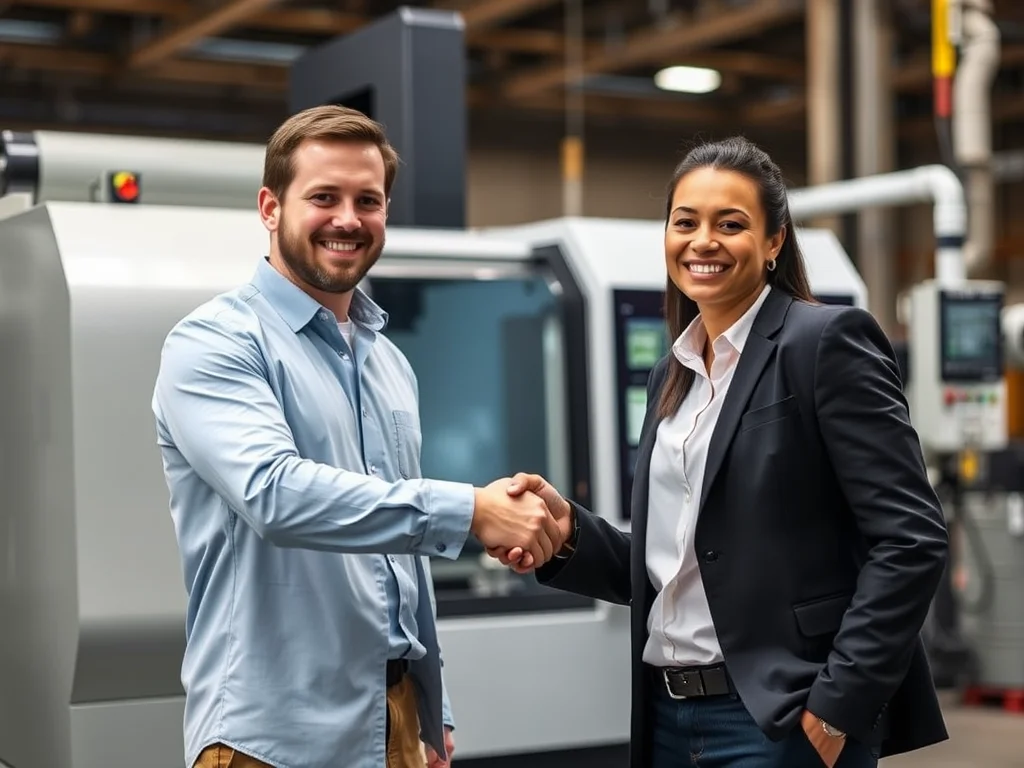 Successful job placement with a handshake between employer and new CNC machinist.