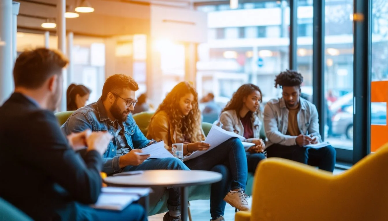 A diverse group of job seekers filling out paperwork in a temp agency waiting room.