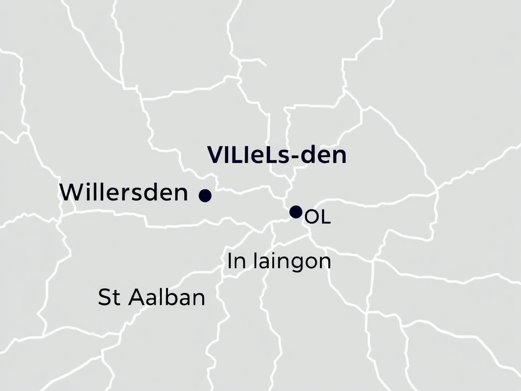 Stylized map of Greater London highlighting Willesden, Islington, and St Albans
