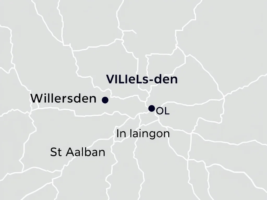 Stylized map of Greater London highlighting Willesden, Islington, and St Albans
