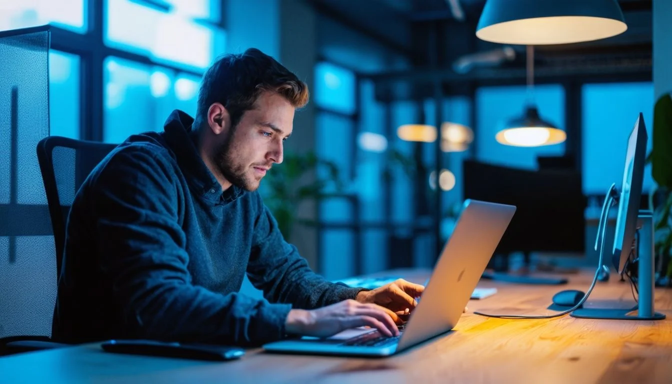 A male IT technician working on a laptop in a modern office.