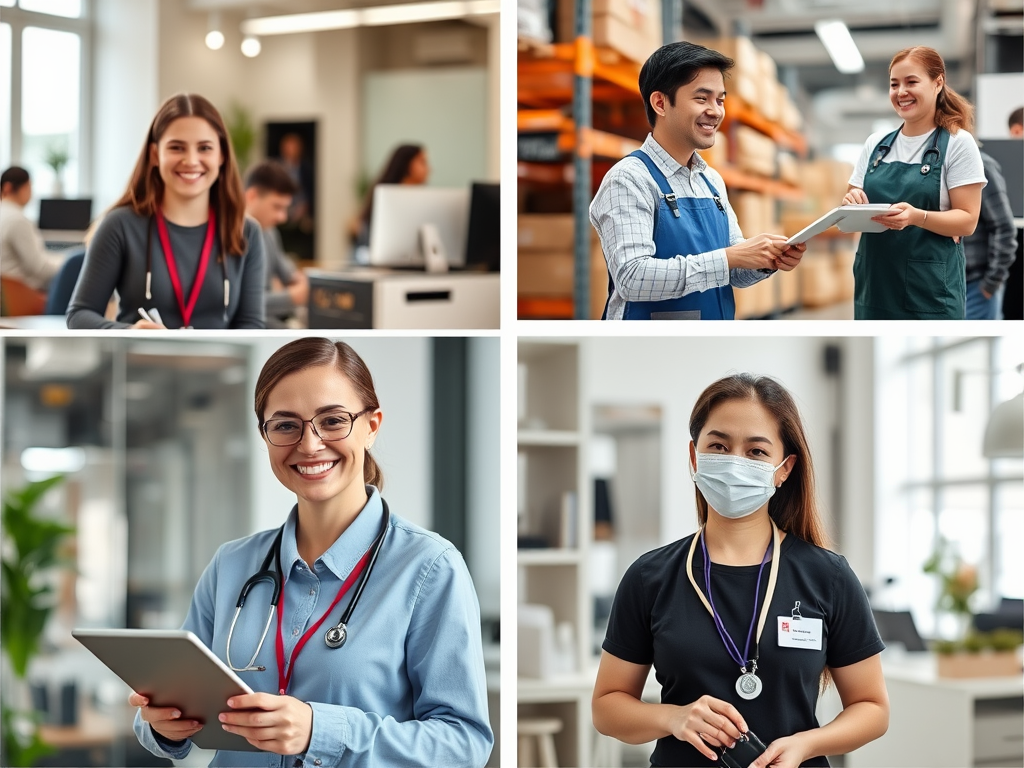 Montage of people happily working in various temporary job roles: an event assistant, a warehouse worker, an office administrator, and a healthcare assistant.