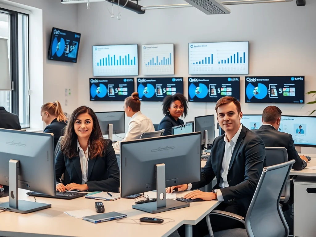Professional photograph of a diverse team of temporary staffing specialists at Quick Placement UK agency office, showing recruitment consultants in business attire working with candidate profiles, with staffing statistics displayed on wall-mounted screens in a contemporary office setting
