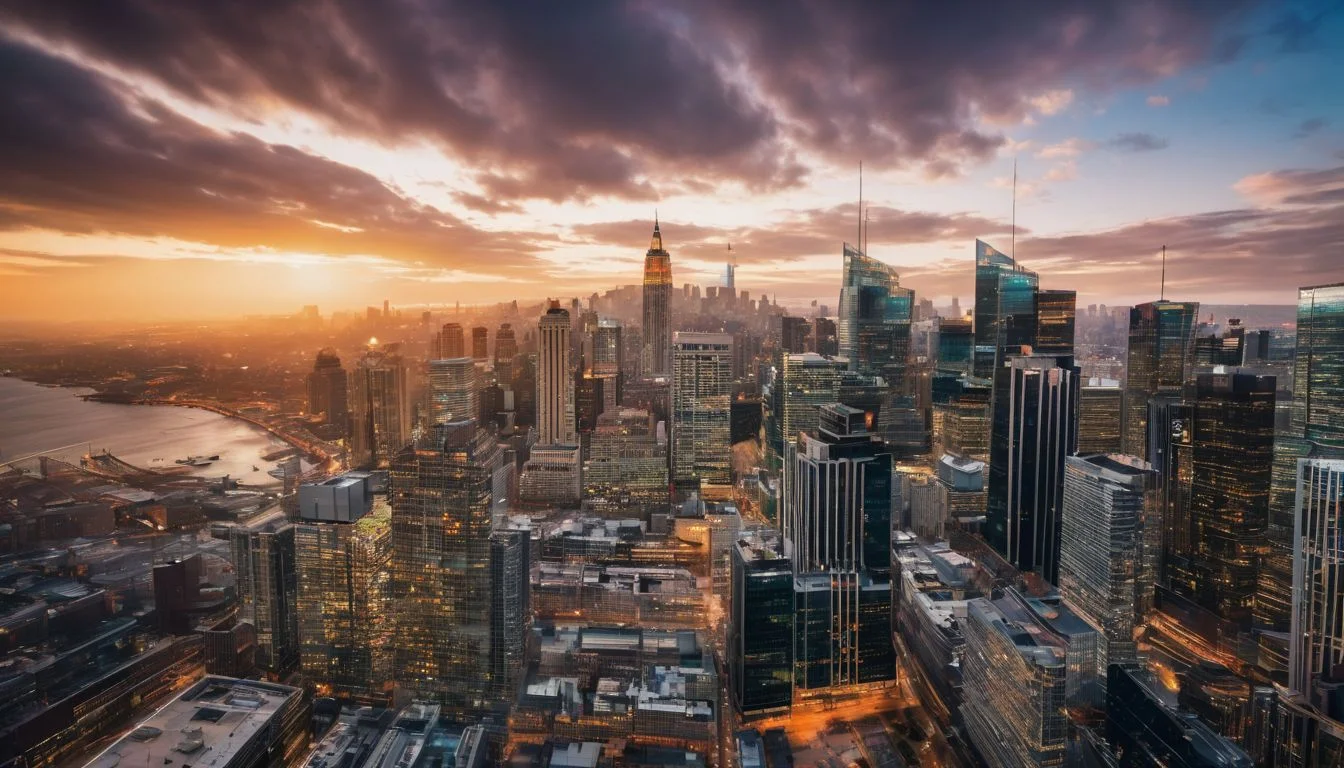 An urban skyline with office buildings and busy city streets. An urban skyline with office buildings and busy city streets.