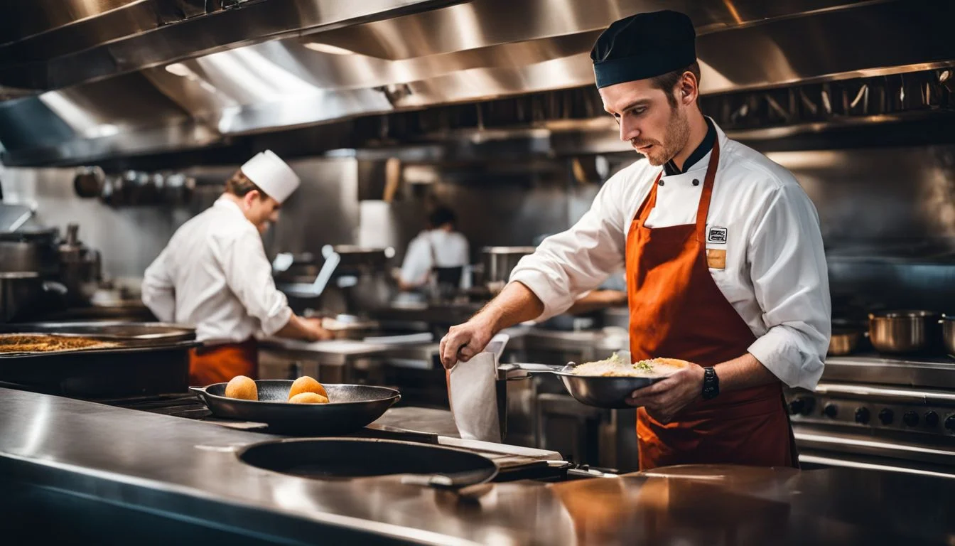 A kitchen porter working diligently in a busy restaurant. A kitchen porter working diligently in a busy restaurant.