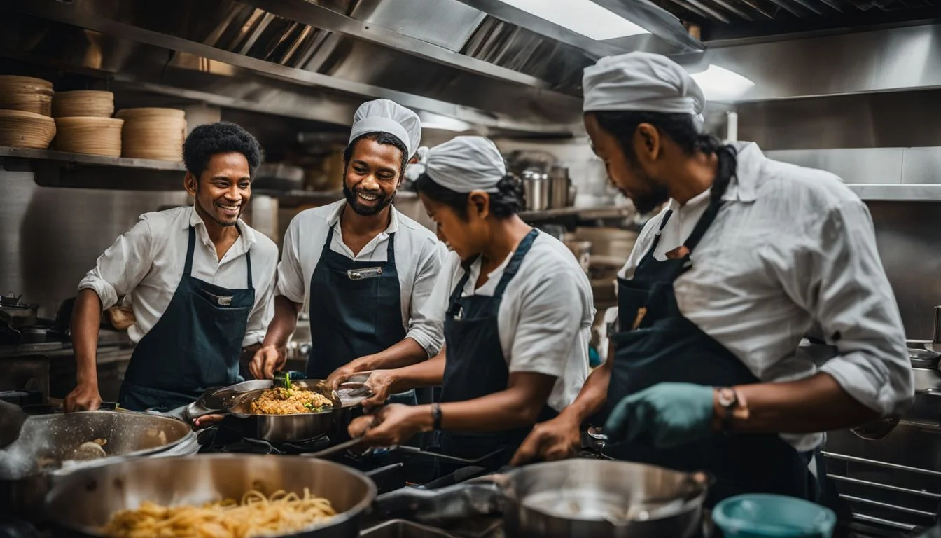 A team of diverse kitchen porters work together in a bustling kitchen. A team of diverse kitchen porters work together in a bustling kitchen.