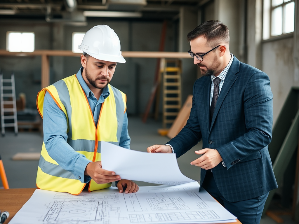 Professional construction staffing consultation meeting with a site manager and Quick Placement representative reviewing blueprints and staffing plans
