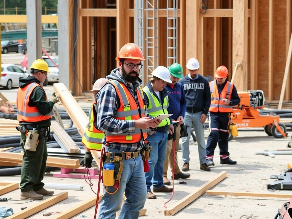 Various skilled construction workers on a busy construction site showing different trades including carpenters, electricians, and machine operators working together