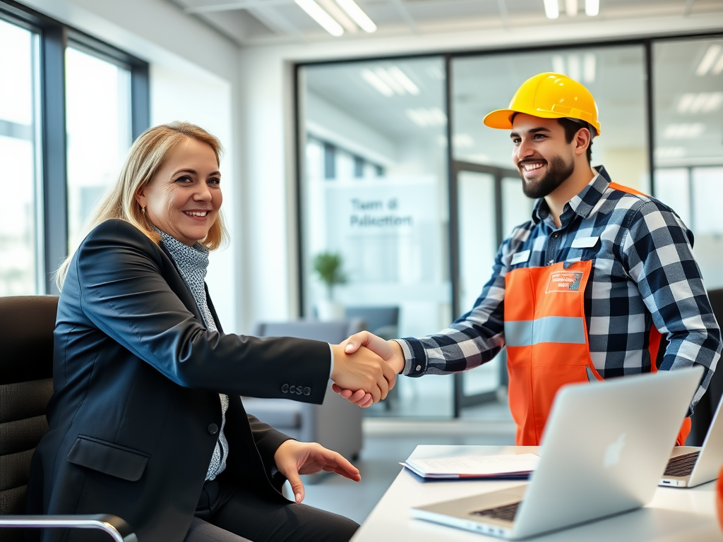 Recruitment consultant from Team Quick Placement shaking hands with a skilled tradesperson.