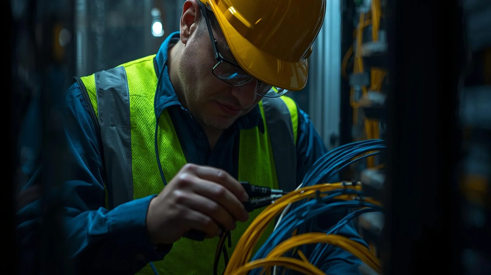Fiber optic cable technician performing network installation with precision tools