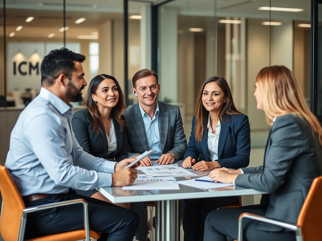 Business professionals meeting with a staffing agency representative discussing temporary staffing solutions