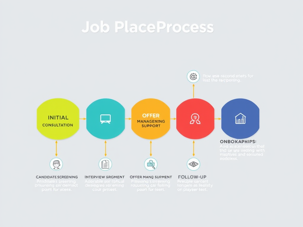 Infographic showing the job placement process with 6 steps: initial consultation, candidate screening, interview coordination, offer management, onboarding support, and follow-up