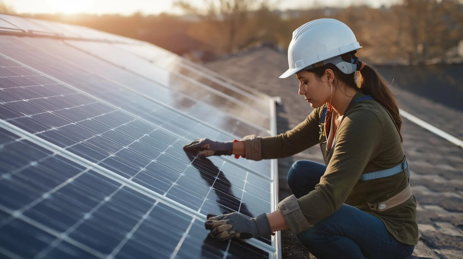 Skilled installation team installing commercial solar panels on industrial warehouse roof
