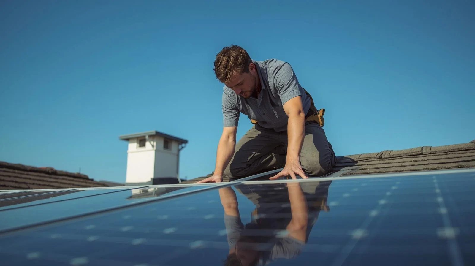 Installation team in safety equipment performing solar panel installation on building roof with city skyline visible