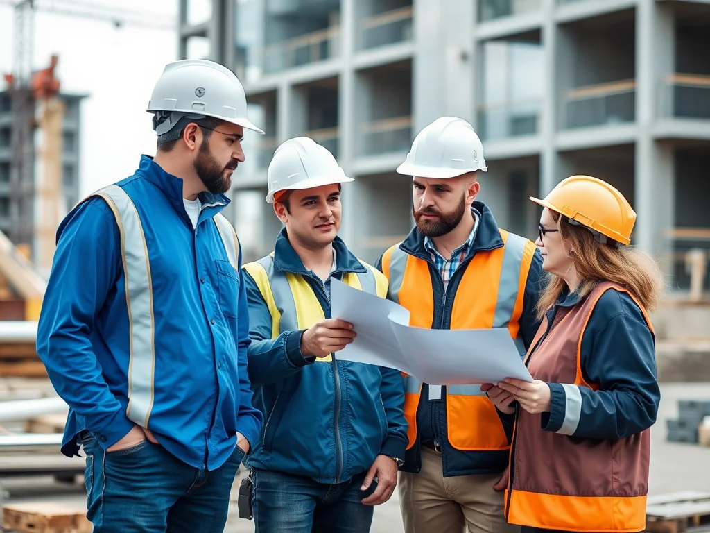 Site manager and construction supervisor in hard hats reviewing staffing plans with a Quick Placement coordinator on a modern construction site