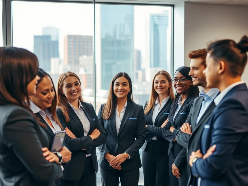 Quick Placement recruiter with diverse temporary staff in UK office, showcasing teamwork and staffing success