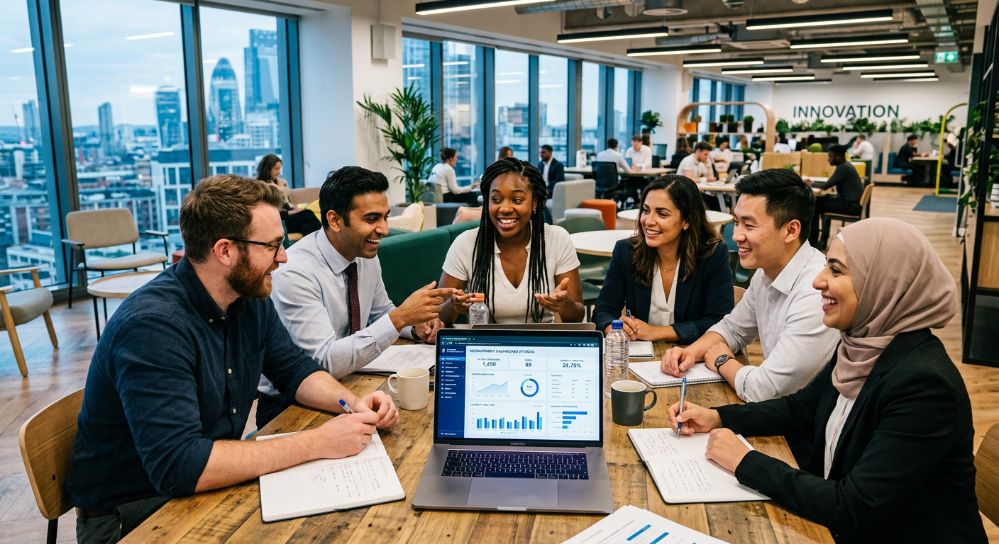 A professional, high-energy office environment with a diverse team collaborating around a table, foc... A professional, high-energy office environment with a diverse team collaborating around a table, focusing on a laptop showing a recruitment dashboard. Style: Modern, vibrant, and aspirational. Mood: Productive, successful, and inclusive.