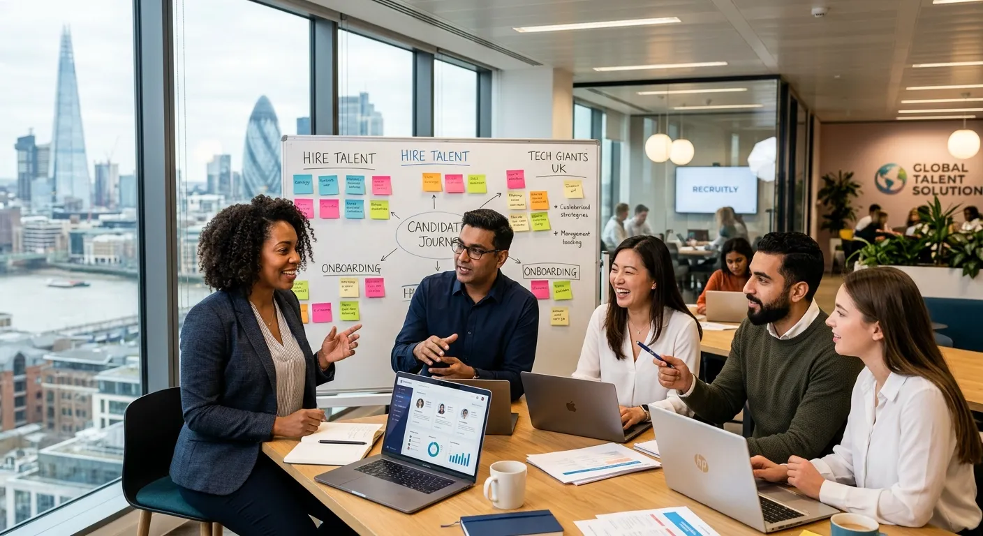 Professional, dynamic hero image showing a diverse group of recruitment consultants and HR professionals in a modern London office setting, collaborating over laptops and whiteboards. The mood is energetic, successful, and focused on human connection.