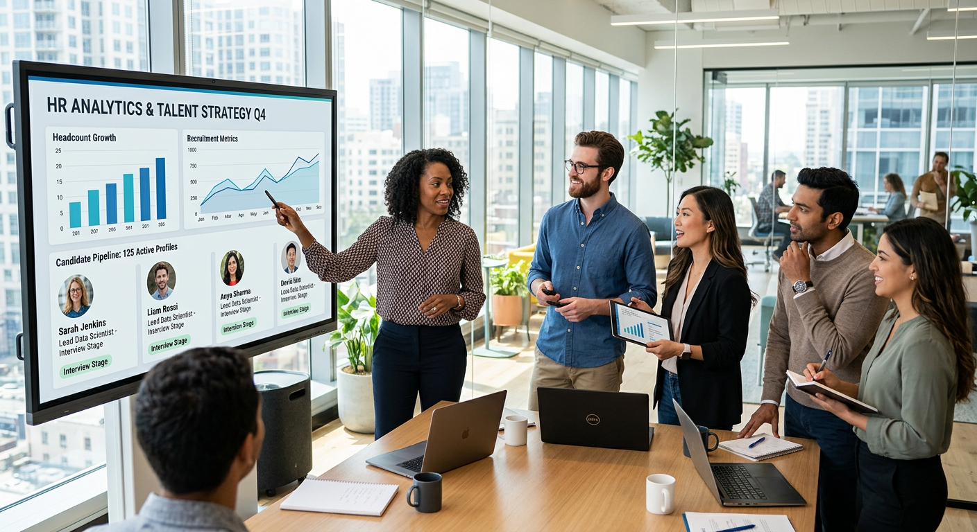 A diverse, modern team of professionals collaborating in a bright, sunlit office. They are gathered around a large screen displaying analytics and candidate profiles, symbolizing strategic HR planning and teamwork. Professional, vibrant, and forward-looking mood.