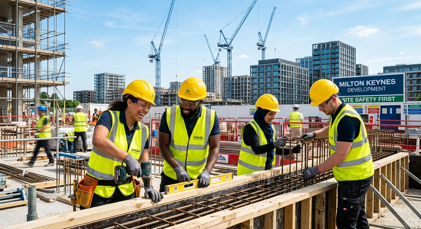 Professional, high-energy hero image showing a diverse team of labourers working collaboratively on a modern construction site in Milton Keynes, with cranes and new buildings in the background. Bright, clear day, focus on safety gear and teamwork. Style: modern, professional, inspiring.