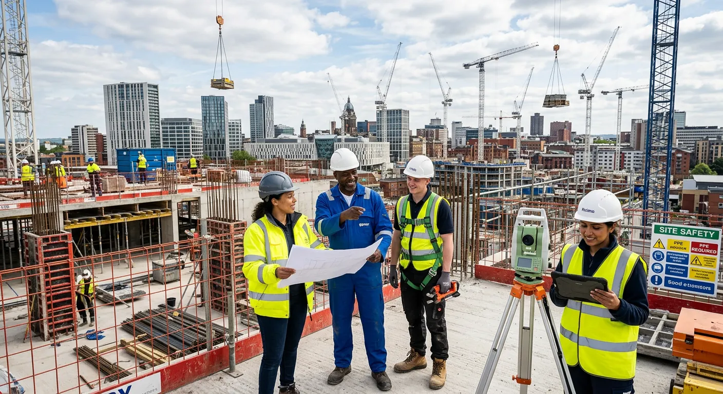 A professional, high-resolution image of a diverse construction team working collaboratively on a mo... A professional, high-resolution image of a diverse construction team working collaboratively on a modern building site in Leeds, with cranes and the Leeds skyline visible in the background. Style: Authentic, energetic, professional.