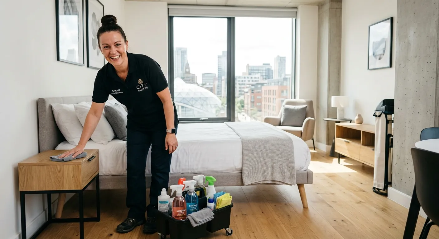 A professional, welcoming image of a housekeeper in a modern Leeds hotel or apartment setting, smiling while performing cleaning duties. Bright, clean aesthetic with natural light.