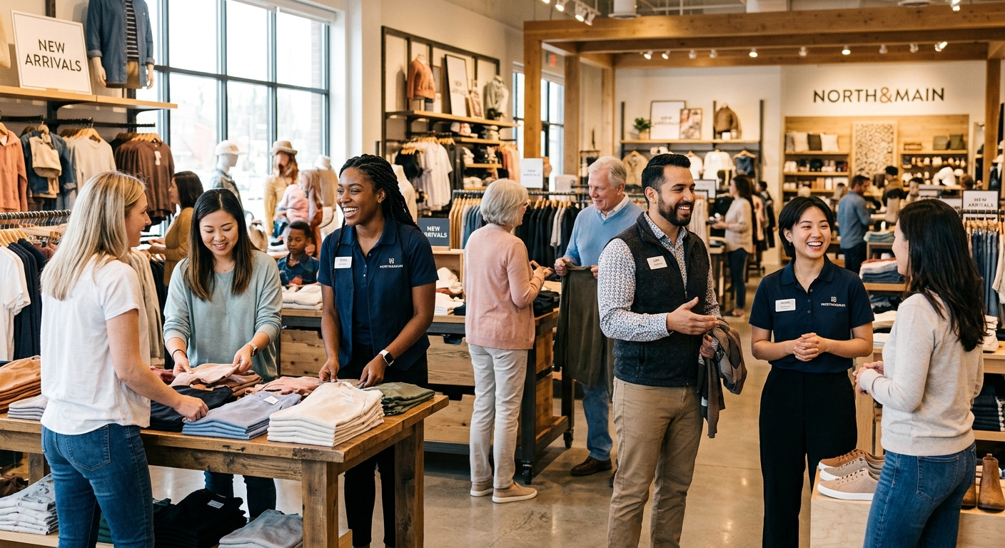 A diverse, energetic group of retail professionals in a modern store setting, smiling and assisting customers. Style is bright, professional, and aspirational, with a focus on teamwork and a positive atmosphere.