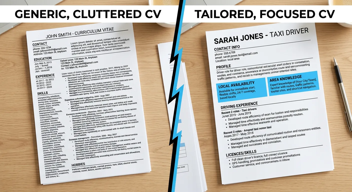 A split-screen image showing a generic, cluttered CV on the left and a clean, tailored CV with highlighted sections for 'Local Availability' and 'Area Knowledge' on the right.