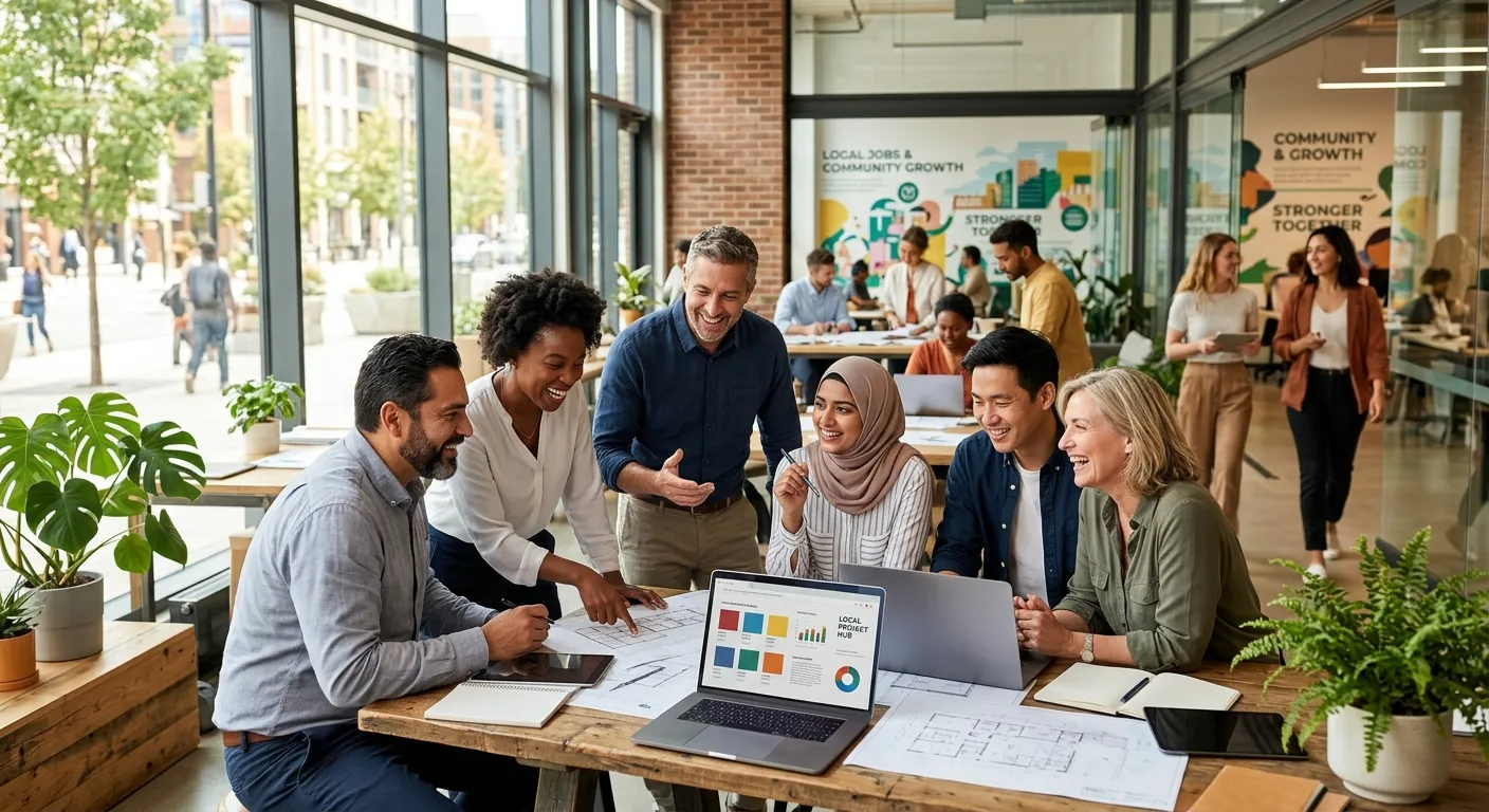 A diverse group of professionals smiling and collaborating in a modern office or workshop setting, representing local job opportunities. Style: Bright, aspirational, professional. Mood: Hopeful, energetic, and community-focused.