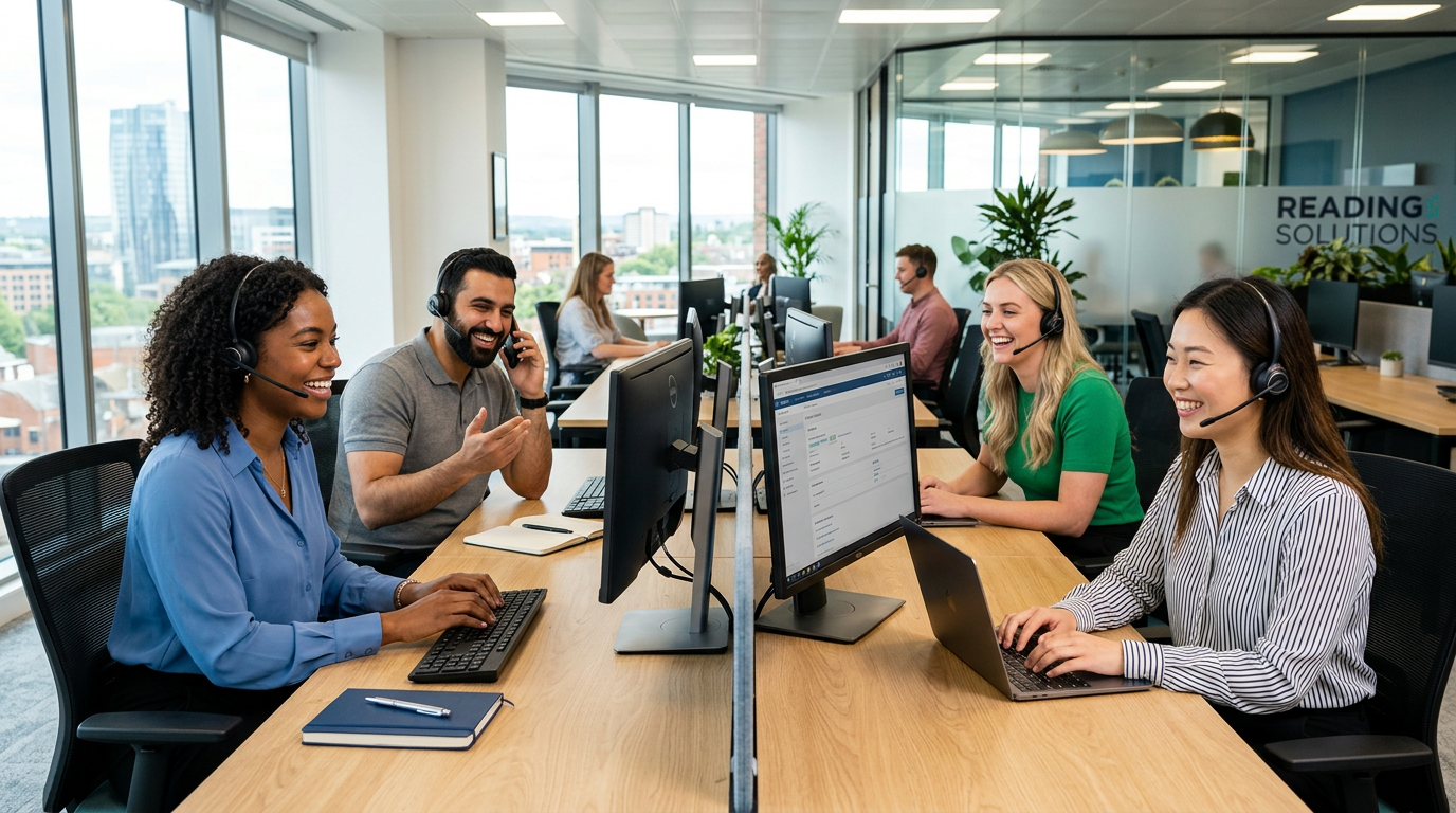 Professional hero image showing a diverse team of customer service representatives in a modern call center or office in Reading, smiling and wearing headsets, with a clean, bright, and energetic mood.
