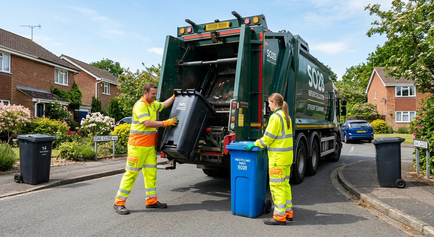 A professional, action-oriented image of a refuse loader in high-visibility clothing safely loading bins into a refuse truck on a residential street in the SO28 area. Bright, clear day, focus on teamwork and efficiency.