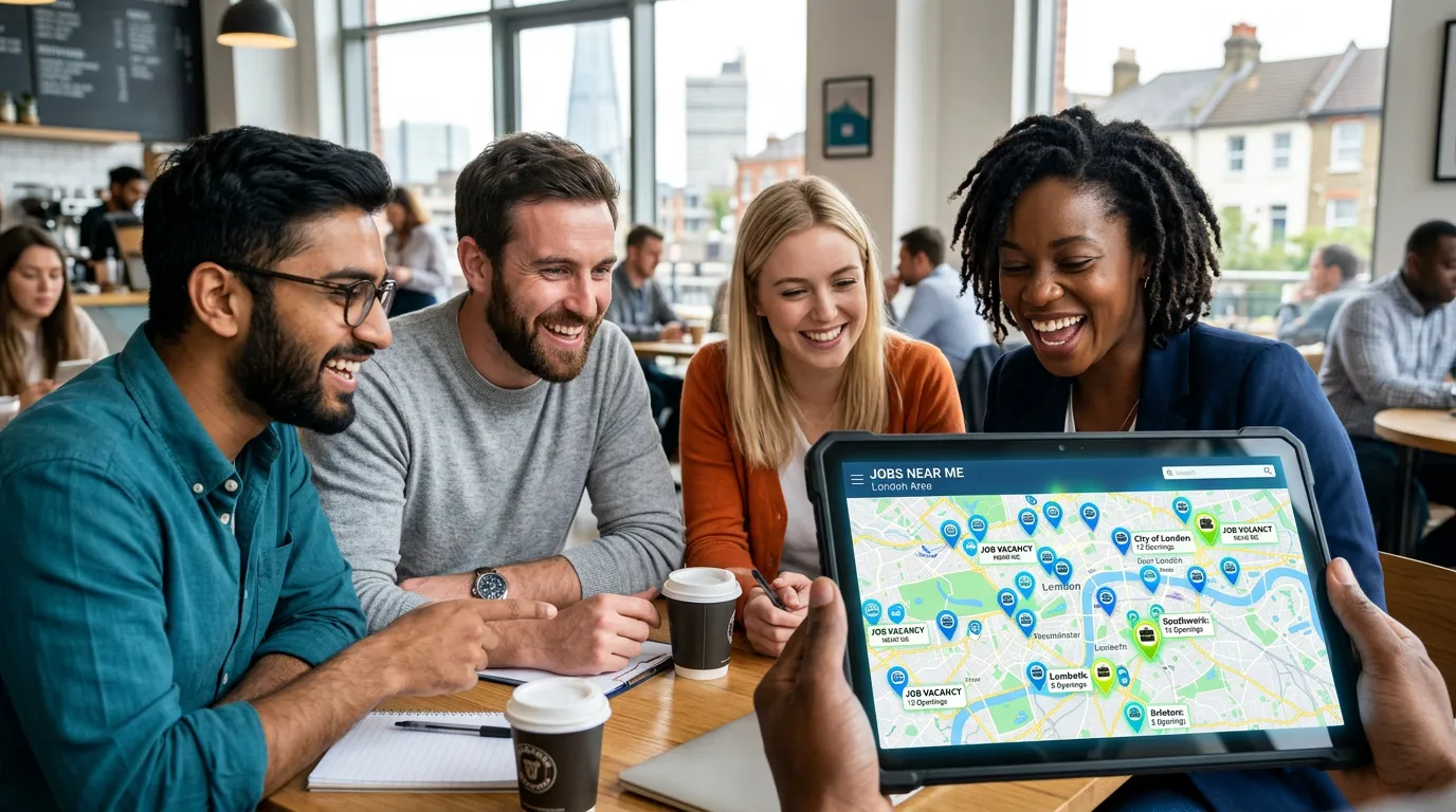 A dynamic, professional hero image showing a diverse group of people smiling and looking at a digital map on a tablet, with glowing pins marking 'job vacancies near me' locations across a UK city map. Style: Modern, hopeful, and tech-savvy.