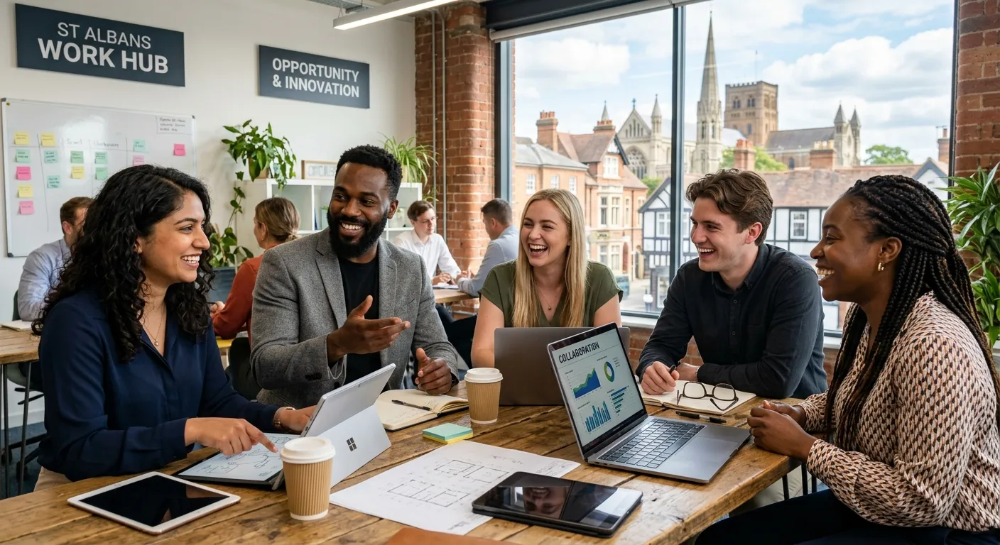 A dynamic, professional image showing a diverse group of workers in a modern St Albans workplace setting, smiling and collaborating, with a focus on energy and opportunity.