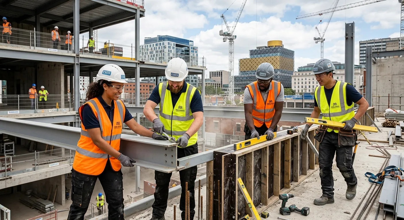 Professional hero image showing a diverse team of CSCS labourers working collaboratively on a modern construction site in Birmingham, with tools and safety gear visible. The image should convey energy, teamwork, and industry.