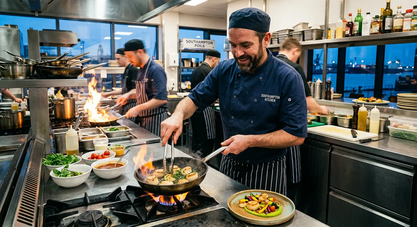 Professional, high-energy photo of a chef confidently preparing a dish in a busy, modern Southampton kitchen. Focus on action, quality ingredients, and a vibrant, professional atmosphere.