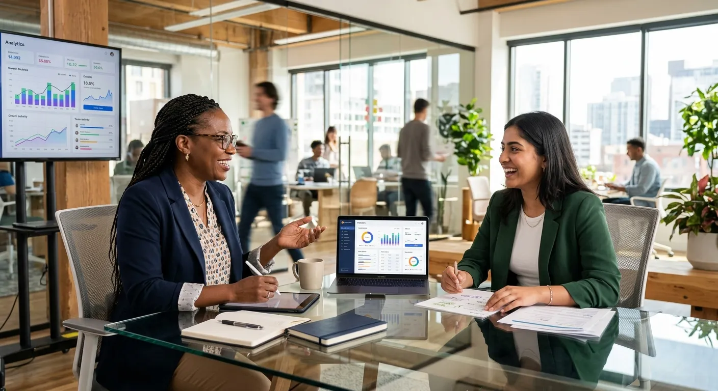 A modern, dynamic office setting where a diverse hiring manager and candidate are engaged in a positive interview at a glass table. The style is professional, bright, and forward-looking, with a focus on human connection and technology in the background (laptop, analytics dashboard).