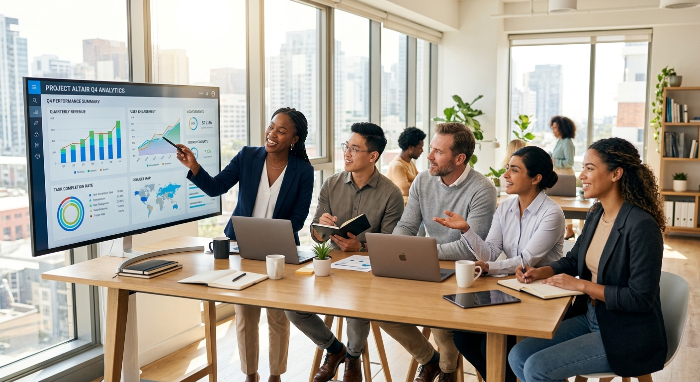 A modern, diverse team of professionals collaborating in a bright, sunlit office. They are gathered around a large monitor showing project analytics. Style: Professional, authentic, high-resolution stock photo. Mood: Collaborative, strategic, and efficient.