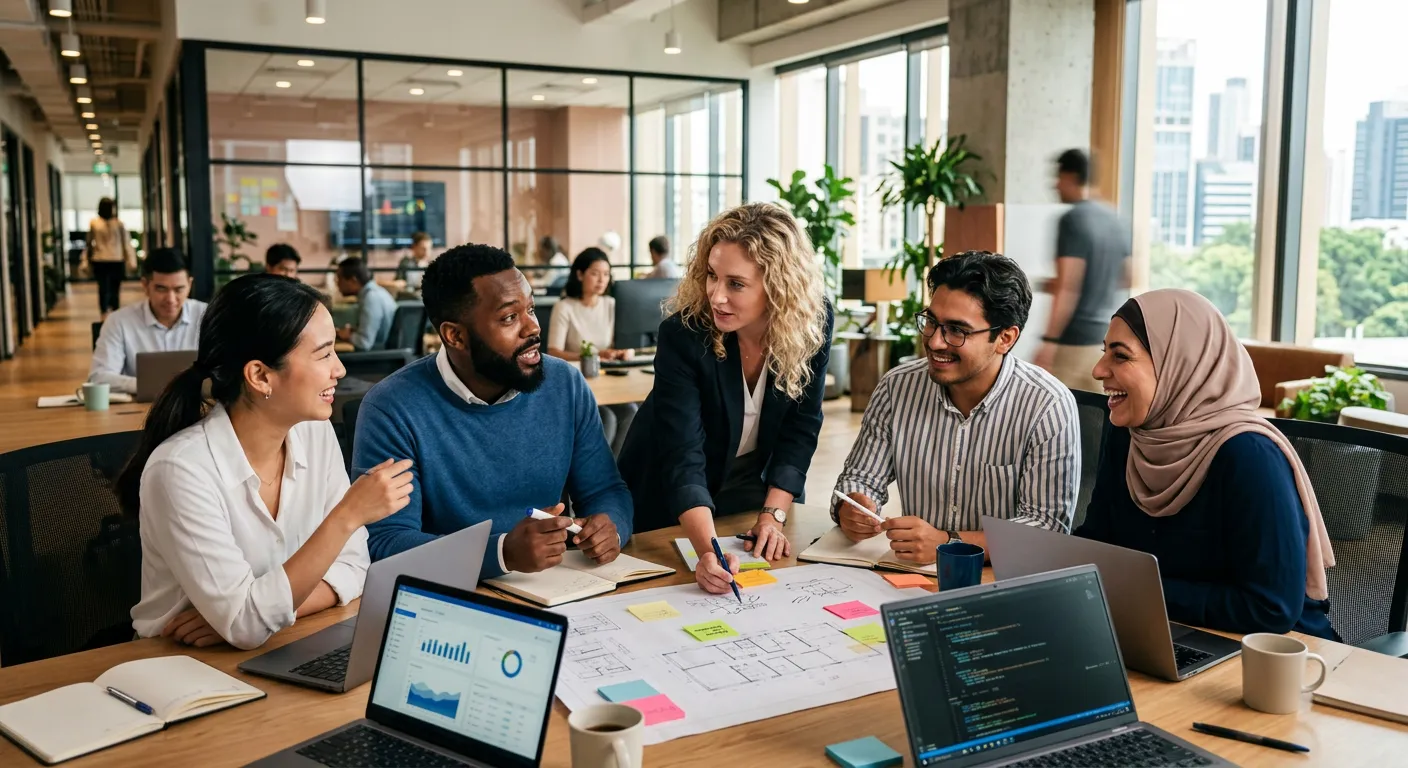 A professional, dynamic image of a diverse team collaborating in a modern office environment. The mood is energetic, innovative, and focused, with a slightly blurred background to emphasize the people.