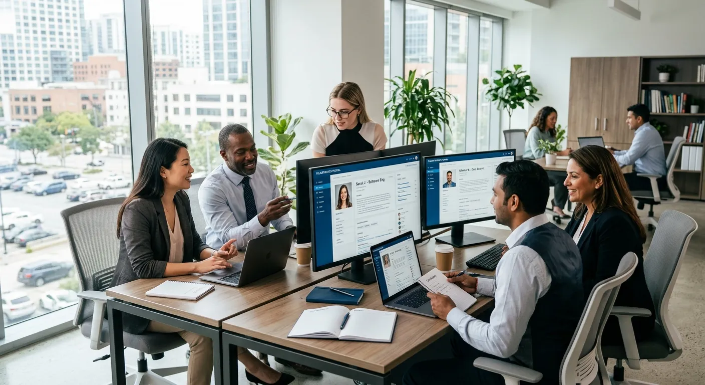 A diverse group of professional recruiters in a modern, bright office collaboratively reviewing candidate profiles on multiple digital screens, symbolizing partnership and expert talent sourcing.