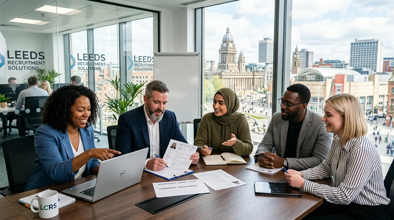 A dynamic, professional hero image showing a diverse team of recruitment consultants in a modern Leeds office, collaborating over a laptop and paperwork, with a cityscape view of Leeds in the background. Style: Bright, confident, professional. Mood: Energetic, trustworthy, and solution-focused.