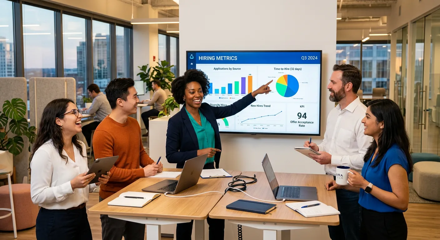 A diverse, high-energy team of professionals collaborating in a modern office environment, with one person pointing to a data dashboard showing hiring metrics. Style: Authentic, professional, with warm, optimistic lighting.