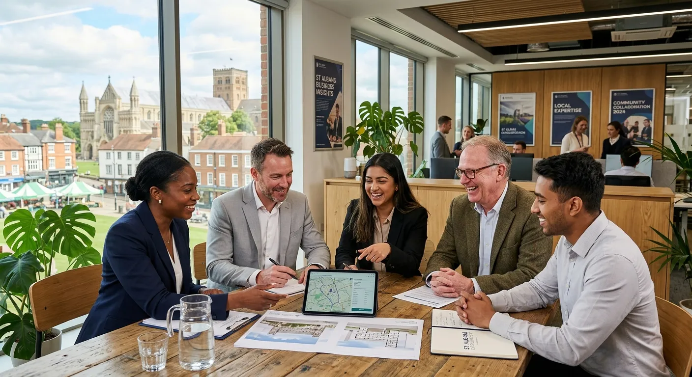 A professional, diverse group of workers in a modern St Albans business setting, smiling and collaborating, conveying trust and local industry knowledge.
