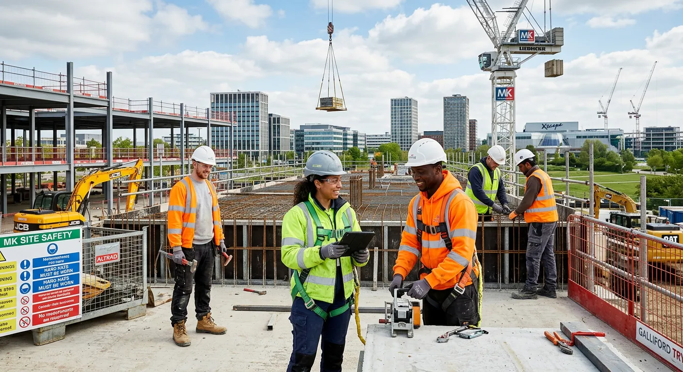 A professional, high-quality image showing a diverse team of construction labourers working safely o... A professional, high-quality image showing a diverse team of construction labourers working safely on a modern building site in Milton Keynes, with the MK skyline visible in the background. Style: Realistic, vibrant, and professional. Mood: Productive, reliable, and team-oriented.