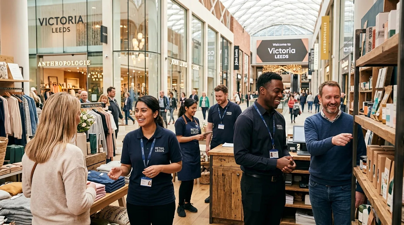 A professional, vibrant hero image showing a diverse team of retail staff working together in a modern Leeds shopping environment, smiling and assisting customers, with natural lighting and a welcoming atmosphere